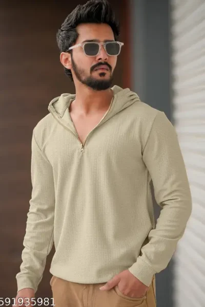 Hooded Neck Full Sleeve Biscuit Cotton Blend Tshirt